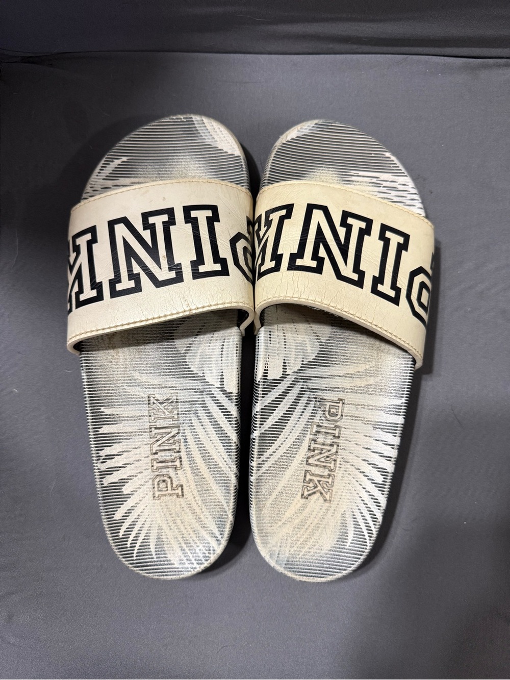 PINK Victoria's Secret Cream Logo Slide Palm Tree Sandals